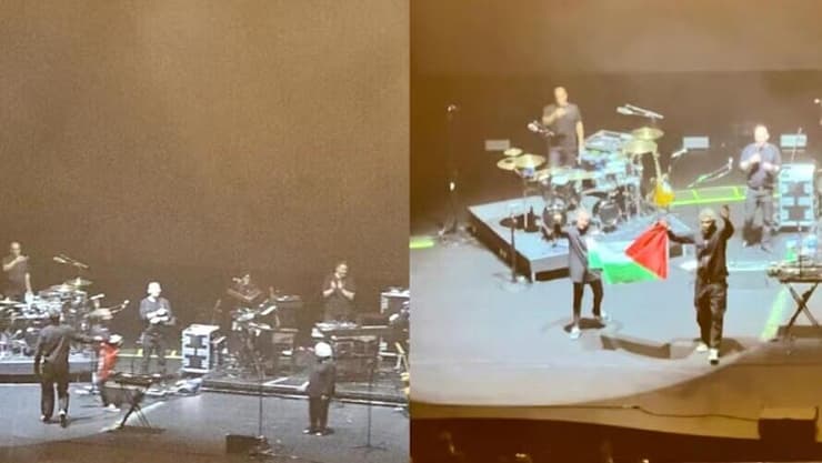 דדי ג'י ורוברט דל נאג'ה מלהקת מאסיב אטאק אוחזים בדגל פלסטין במהלך ההופעה בסיגנפור (צילום מסך: לפי סעיף 27 א' חוק זכויות יוצרים) דדי ג'י ורוברט דל נאג'ה מלהקת מאסיב אטאק אוחזים בדגל פלסטין במהלך ההופעה בסיגנפור