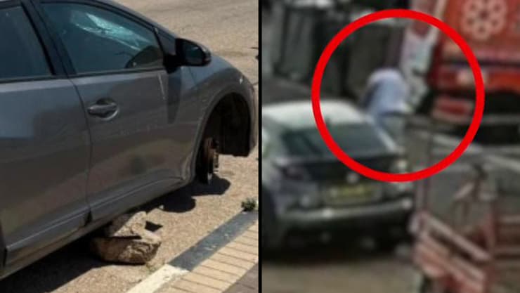 פירוק הגלגל והרכב שממנו הוא נגנב (צילום: דוברות המשטטרה ) חייל מפרק גלגל מרכב בבית שאן
