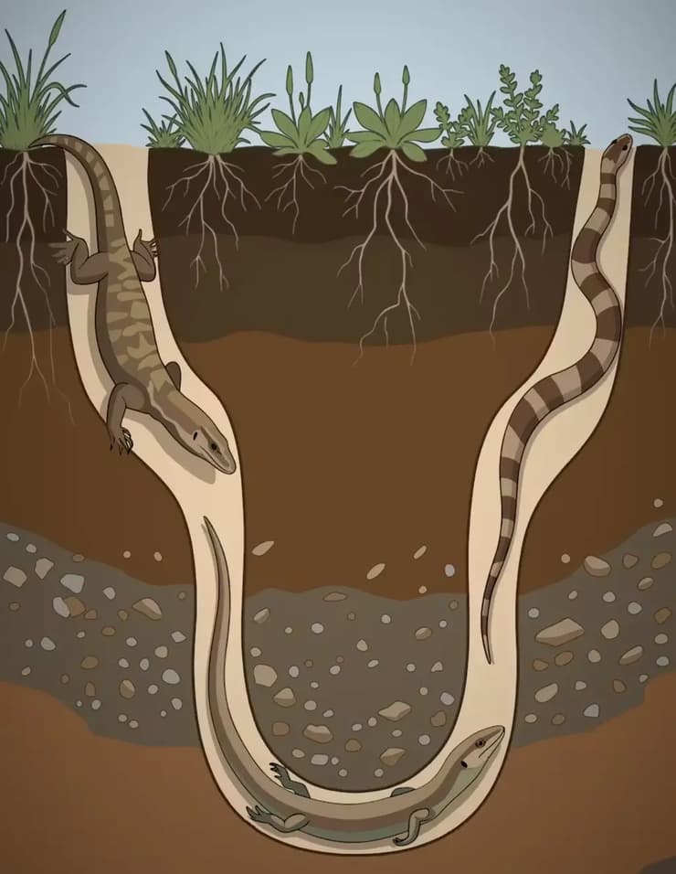תיאוריה אחת לגבי התפתחות הנחשים מציעה שלטאות ירדו מתחת לפני הקרקע, איבדו את גפיהן והאריכו את גופן (איור: Roy Ebel) תיאוריה אחת לגבי התפתחות הנחשים מציעה שלטאות ירדו מתחת לפני הקרקע, איבדו את גפיהן והאריכו את גופן