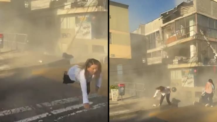 אישה מבוהלת בורחת מבניין שהריסות נופלות ממנו, ולבסוף מזנקת אל מעבר לכביש, אחר הצהריים בקולומביה תיעוד קולומביה נמלטים מ רעידת אדמה רעש אדמה אישה מזנקת קריסה ברקע