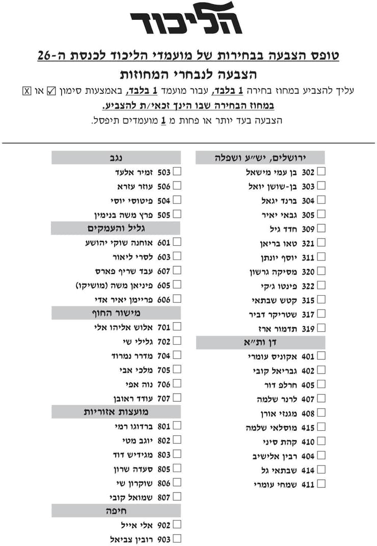 טופס ההצבעה במחוזות טופס הצבעה מחוזות