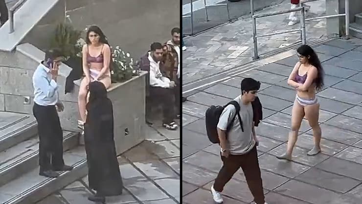 דרייאי צועדת עירומה באוניברסיטת אזאדי. "מבחינתה זה כמו 'אם אתם הולכים להפשיט אותי, אעשה את זה בעצמי'" אהו דריאיי איראנית שהתפשטה באוניברסיטה ב טהרן איראן ב-2024 ואושפזה בכפייה כעונש