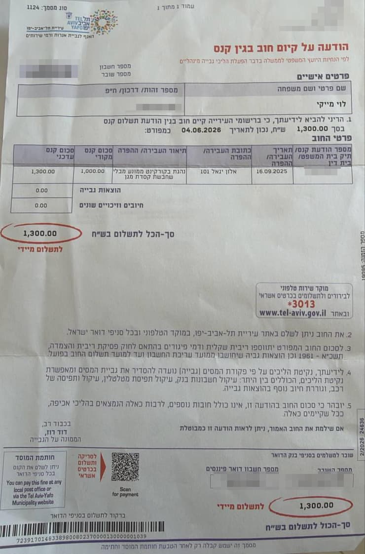 דוח הגבייה שקיבל מייקי כי חבש קסדה עם רצועה
