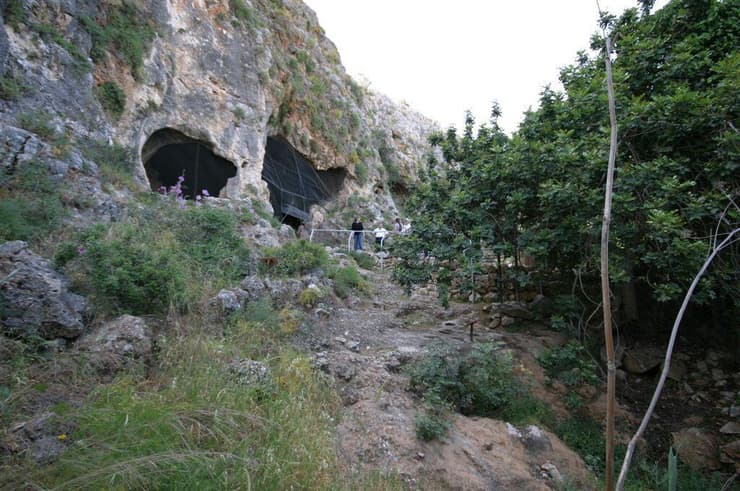 הכניסה למערת הנחל ומרכז הטרסה שלפניה. בטרסה נראים שרידים מהיישוב הנאטופי: קיר תמך ומכתשים חצובים בסלע (צילום: R. Yeshurun/Wikipedia) הכניסה למערת הנחל ומרכז הטרסה שלפניה. בטרסה נראים שרידים מהיישוב הנאטופי: קיר תמך ומכתשים חצובים בסלע