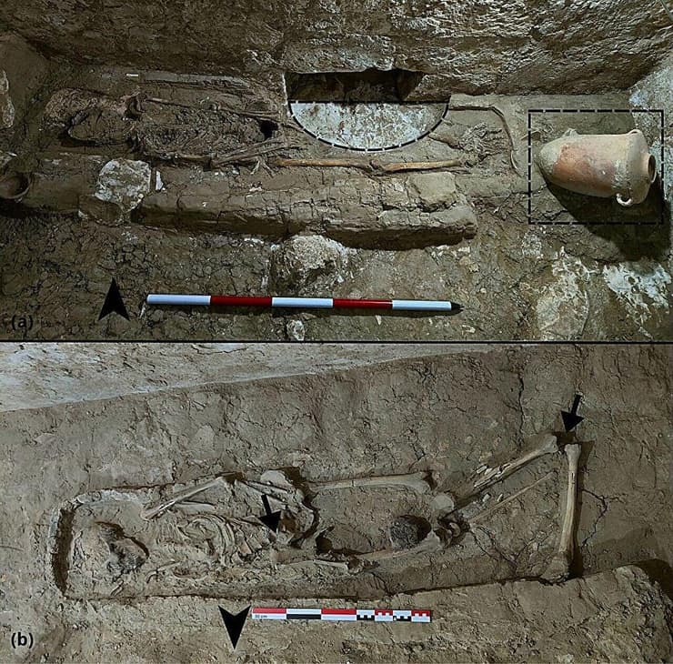 עדויות להפרעה ולהזזה שפגעו בשני פרטים חנוטים בחדר קבורה בנקרופוליס של תבאי