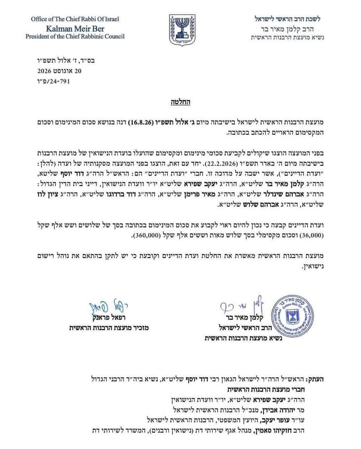החלטת מועצת הרבנות הראשית המגבילה את כספי הכתובה, בין 36 אלף ל-360 אלף ש"ח החלטת מועצת הרבנות הראשית המגבילה את כספי הכתובה, בין 36 אלף ל-360 אלף ש"ח