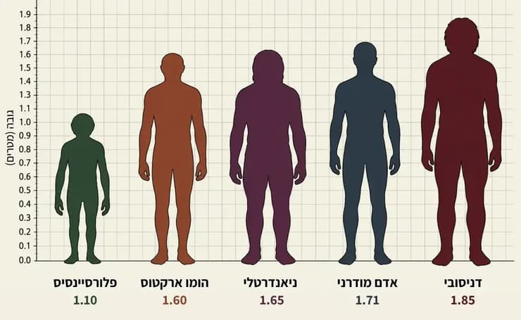 לא רק גבוהים ביחס לאדם המודרני - אלא גבוהים במיוחד ביחס למיני אדם קדומים אחרים. השוואה של הגובה הממוצע המוערך של מיני אדם שונים (איור: ליאת פלי, באמצעות ChatGPT) לא רק גבוהים ביחס לאדם המודרני - אלא גבוהים במיוחד ביחס למיני אדם קדומים אחרים. השוואה של הגובה הממוצע המוערך של מיני אדם שונים