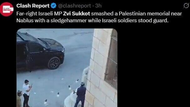 הופץ גם בחשבון עם כמעט מיליון עוקבים (צילום: מתוך X) צבי סוכות תועד מנתץ אנדרטה בכפר מאדמא שמדרום לשכם