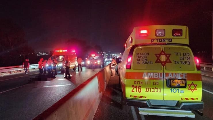 "היה נהג זהיר ומקצועי". זירת התאונה, סמוך לצומת מגידו (צילום: תיעוד מבצעי מד"א ) הרוג בתאונת דרכים סמוך צומת מגידו