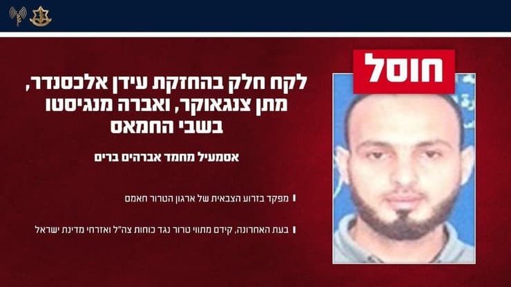 מפקד הזרוע הצבאי של חמאס - חוסל (צילום: דובר צה"ל ) מפקד בזרוע הצבאי של חמאס שהחזיק בעידן אלכסנדר, מתן צנגאוקר ואברה מנגיסטו -חוסל