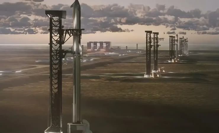 התוכנית: יותר מ-30 שיגורים ונחיתות של סטארשיפ בכל יום. הדמיה של בסיס החלל של ספייס אקס בדרום לואיזיאנה (הדמיה: SpaceX) התוכנית: יותר מ-30 שיגורים ונחיתות של סטארשיפ בכל יום. הדמיה של בסיס החלל של ספייס אקס בדרום לואיזיאנה
