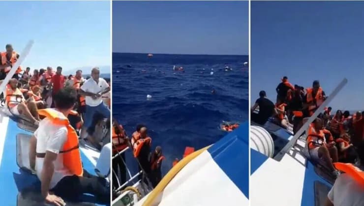 הנוסעים הלבושים באפודי הצלה והציוד המפוזר על פני המים, בתיעודים שפרסם העיתון הטורקי "יני שאפאק" צפון קפריסין הטורקית מעבורת התהפכה תיעוד ניצולים מתוך האתר הטורקי יני סאפאק