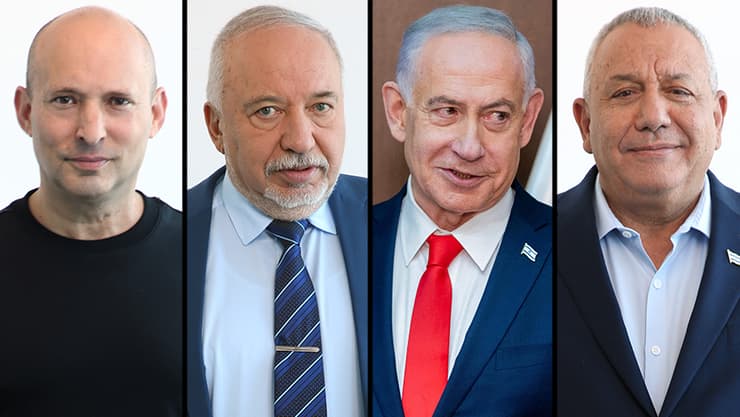 גדי איזנקוט, בנימין נתניהו, אביגדור ליברמן ונפתלי בנט (צילומים: ריאן פרויס, Nathan HOWARD/AFP) גדי איזנקוט, בנימין נתניהו, אביגדור ליברמן ונפתלי בנט