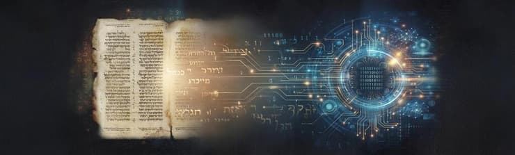 שימוש בבינה מלאכותית לביאור התנ"ך (איור: נוצר באמצעות בינה מלאכותית, עיצוב: מוריה נגארי) שימוש בבינה מלאכותית לביאור התנ"ך