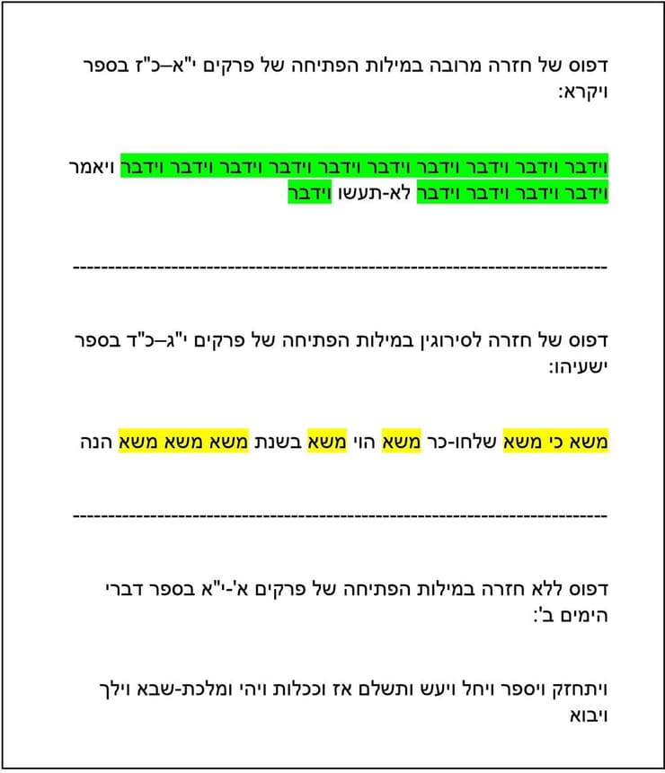 שלוש תבניות סגנוניות החוזרות על עצמן במילות הפתיחה של פרקי המקרא (תרשים: באדיבות ד"ר גיא שקד) שלוש תבניות סגנוניות החוזרות על עצמן במילות הפתיחה של פרקי המקרא