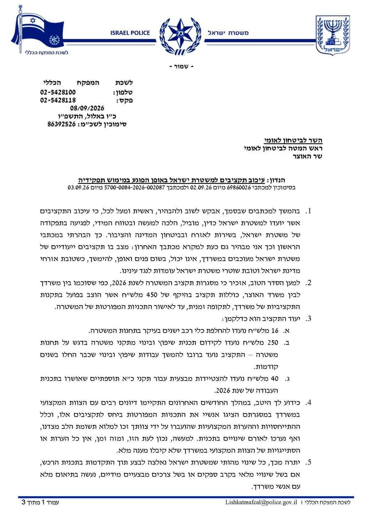 מכתב המפכ"ל, שעותק ממנו הועבר גם לרה"מ מכתב מפכ"ל המשטרה דני לוי נגד בן גביר