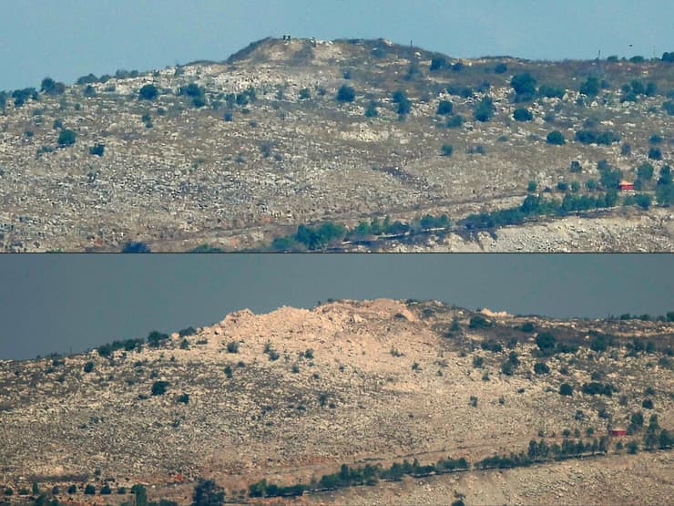 אזור הפיצוץ ברכס עלי טאהר, לפני ואחרי. 1,100 טונות חומר נפץ (צילום: AFP) רכס עלי טאהר דרום לבנון אחרי ה פיצוץ צה"ל תוואי תת קרקעי מנהרה מנהרות