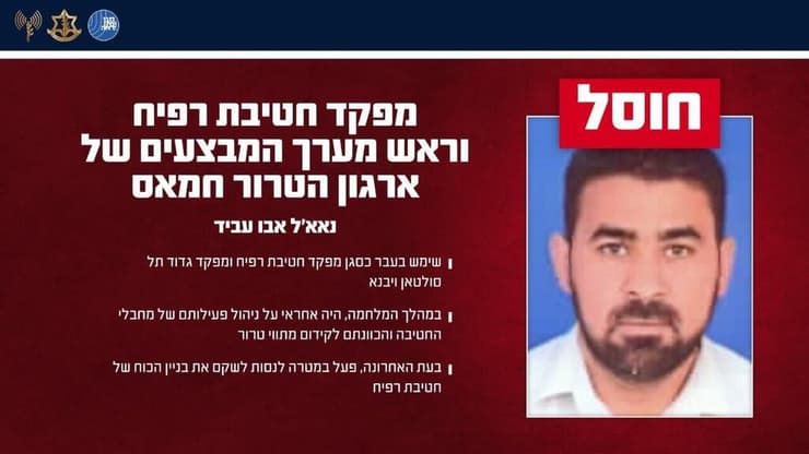 הודעת צה"ל אחרי החיסול (צילום: דובר צה"ל) מפקד חטיבת רפיח נאיל אבו עביר חוסל