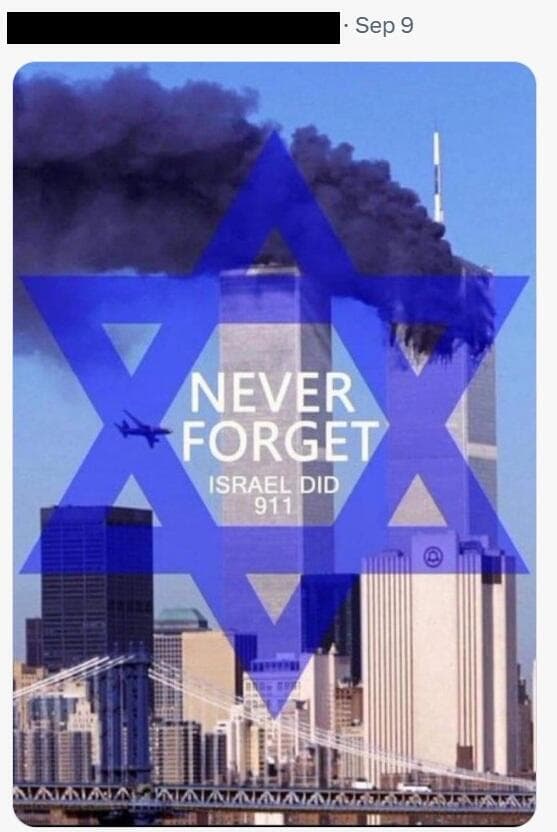 תמונה ששותפה ב-X עם האשמה שקרית שישראל ביצעה את פיגועי 11 בספטמבר (צילום מסך מתוך X) תמונה ששותפה ב-X עם האשמה שקרית שישראל ביצעה את פיגועי 11 בספטמבר