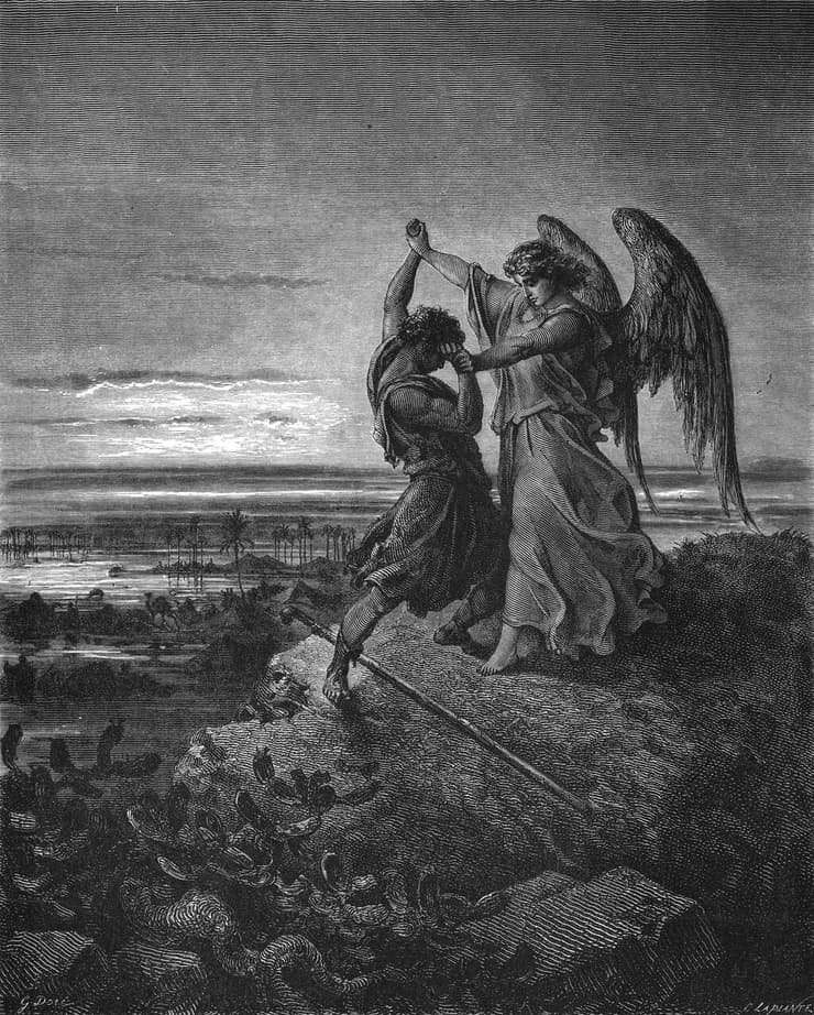 יעקב נאבק במלאך – תחריט של גוסטב דורה. מערכת יחסים מורכבת עם המלאכים יעקב נאבק במלאך – תחריט של גוסטב דורה