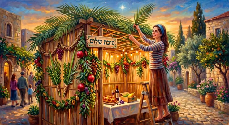 שלומית בונה סוכה (ציור: נוצר באמצעות בינה מלאכותית) שלומית בונה סוכה