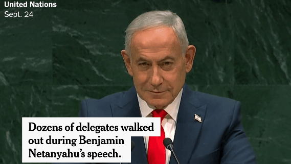 צילום מסך מה"ניו יורק טיימס" (צילום: מתוך ה"ניו יורק טיימס") צילום מסך מה"ניו יורק טיימס" נתניהו סיקור נאום כינוס עצרת כללית של האו"ם