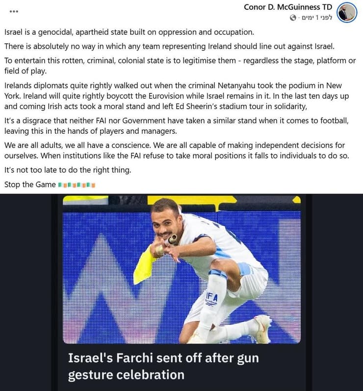 פוסט של הפוליטיקאי האירי קונור ד' מקגיניס. השמיט את העובדות שלא מתאימות לתזה (צילום מסך מתוך פייסבוק) פוסט של הפוליטיקאי האירי קונור ד' מקגיניס