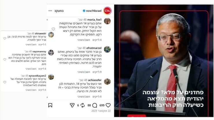 ערוץ 14 תקף - והבוטים של עוצמה יהודית הגיבו בחזרה: "חושבים שתמיכה בביבי מצדיקה לינץ' על בן גביר?" (צילום: פייק ריפורטר) קמפיין השפעה ברשת של עוצמה יהודית בעזרת בוטים ברשתות החברתיות