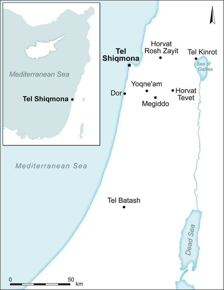 מפת אזור המחקר, המציגה את מיקומו של תל שקמונה ואתרים ארכאולוגיים נוספים המוזכרים במחקר (גרפיקה: ספיר עד) מפת אזור המחקר, המציגה את מיקומו של תל שקמונה ואתרים ארכאולוגיים נוספים המוזכרים במחקר