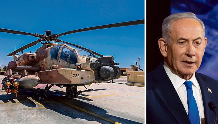 נתניהו לצד מסוק אפאצ'י (צילומים: דובר צה"ל אלכס קולומויסקי) נתניהו לצד מסוק אפאצ'י