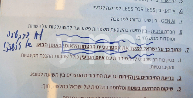 הסימון של נתניהו, בכתב ידו מסמך שקישקש נתניהו על אסטרטגית הביטחון