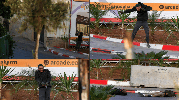 תיעוד המחבלים בזירה (צילום: HAZEM BADER / AFP) זירת הפיגוע