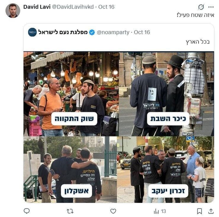 המשתמש "דוד לביא" מהלל את פעילי המפלגה: "שטח פעיל!" חרדים התחזו לחילונים ופרסמו ברשתות תמיכה במפלגת נעם