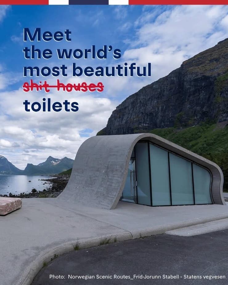 מתוך הפוסט של Visit Norway. "הכירו את בתי החרא, סליחה, תאי השירותים היפים בעולם" נורבגיה עימות עם דונלד טראמפ בתי השימוש היפים במדינה