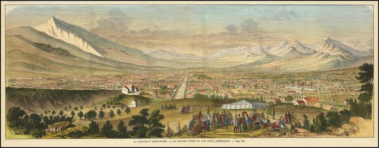 סולט לייק סיטי בשנת 1863, כ-16 שנים לאחר שהחלוצים המורמונים הגיעו לעמק והקימו את העיר (איור היסטורי: Wikimedia Commons, נחלת הכלל) סולט לייק סיטי בשנת 1863, כ-16 שנים לאחר שהחלוצים המורמונים הגיעו לעמק והקימו את העיר