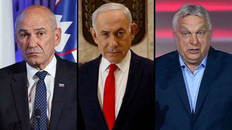 אורבן, נתניהו וראש הממשלה הסלובני ואנזה (צילום: AP Photo/Petr David Josek, Ludovic MARIN / AFP) ויקטור אורבן, בנימין נתניהו, יאנש יאנזה