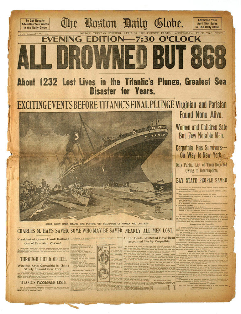 Первая полоса газеты The Boston Daily Globe с сообщением о гибели "Титаника". 1912 год 