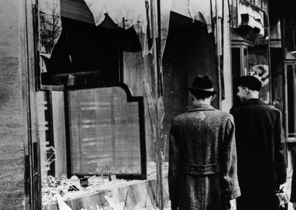 Jewish-owned shops in Berlin vandalized during the Kristallnacht pogrom of 1938 