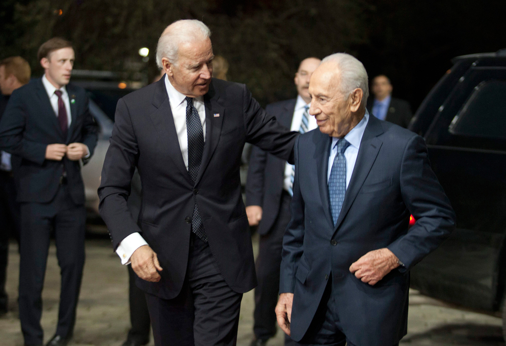 Then-U.S. vice president Joe Biden meeting with then-president Shimon Peres on a visit to Jerusalem in 2014 