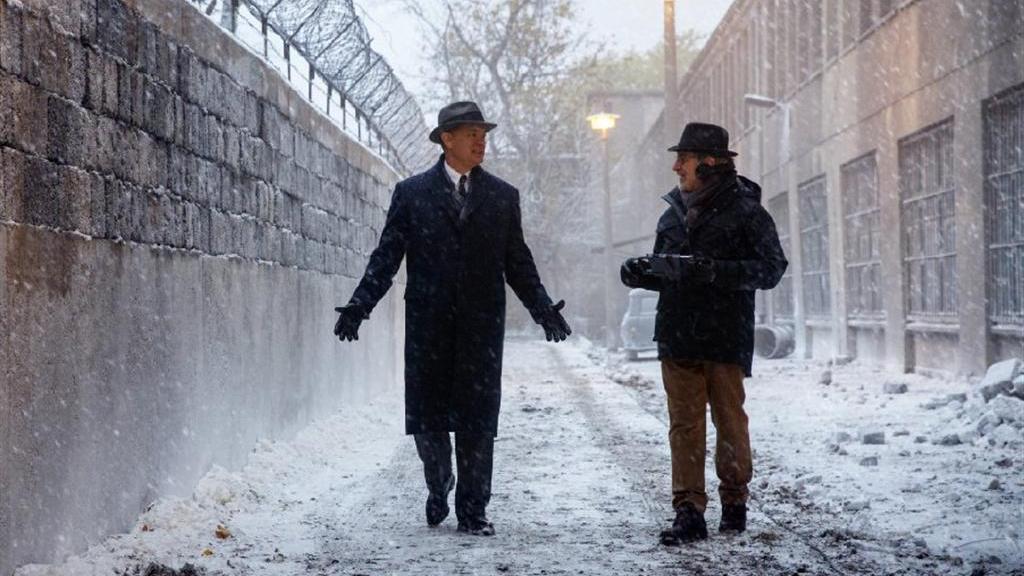 Tom Hanks and Steven Spielberg on set of the 2015 film 'Bridge of Spies'  
