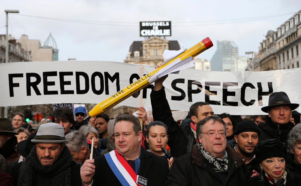 Protesters in France demonstrating against the massacre in the Charlie Hebdo offices, after the satirical newspaper published a caricature of Mohammad 