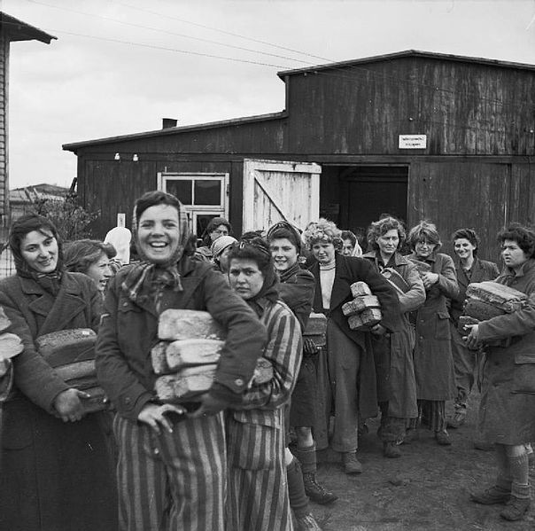 Female prisoners rejoice after the liberation of the Bergen-Belsen Nazi concentration camp, April 15, 1945