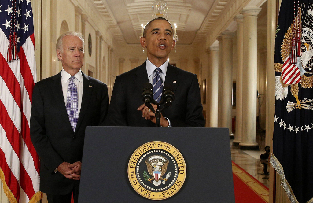 Then-vice president Joe Biden watches as President Barack Obama announces the Iran nuclear deal, July 2015 