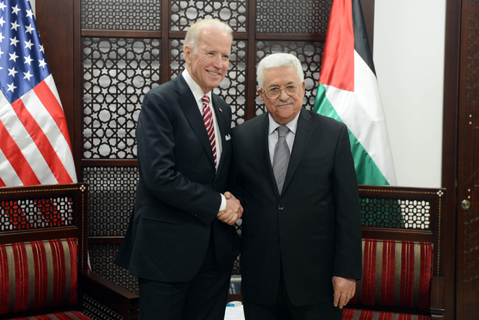 Then-Vice President Joe Biden meeting with Palestinian President Mahmoud Abbas in Ramallah in 2016 