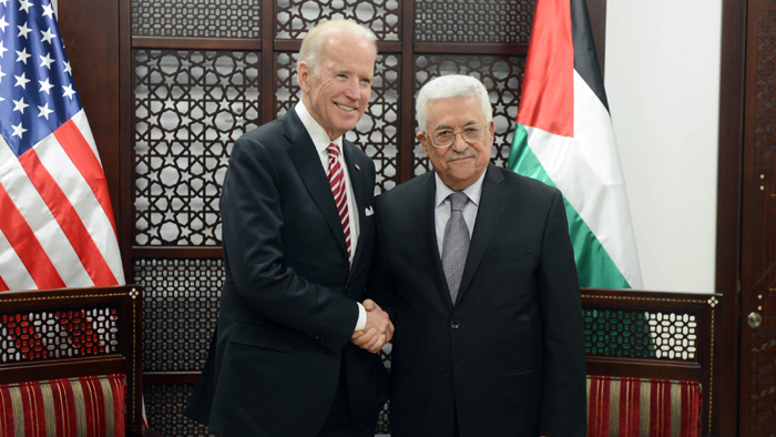 Then-U.S. vice president Joe Biden meeting with Palestinian President Mahmoud Abbas in Ramallah in 2016 