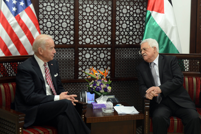 Then-U.S. Vice President Joe Biden meeting with Palestinian President Mahmoud Abbas in Ramallah in 2016 
