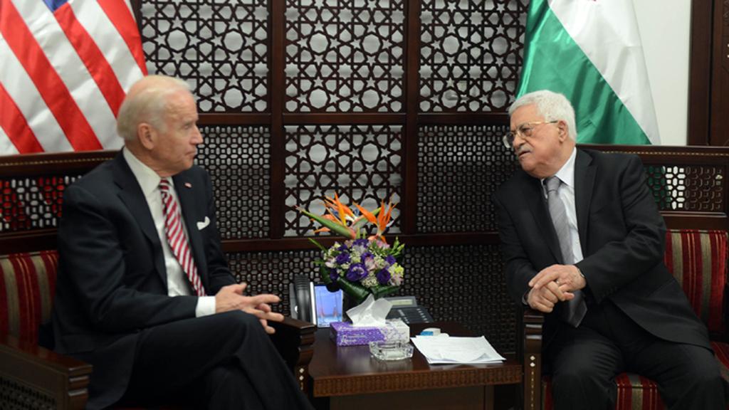 Then-U.S. Vice President Joe Biden meeting with Palestinian President Mahmoud Abbas in Ramallah in March 2016 
