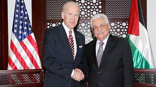 Then-U.S. Vice President Joe Biden meeting with Palestinian President Mahmoud Abbas in 2016 