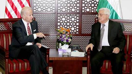 Then-U.S. Vice President Joe Biden meeting with Palestinian President Mahmoud Abbas in Ramallah in 2016 