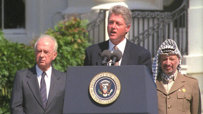 Yitzhak Rabin, Bill Clinton and Yasser Arafat after signing the Oslo Accords in 1993 